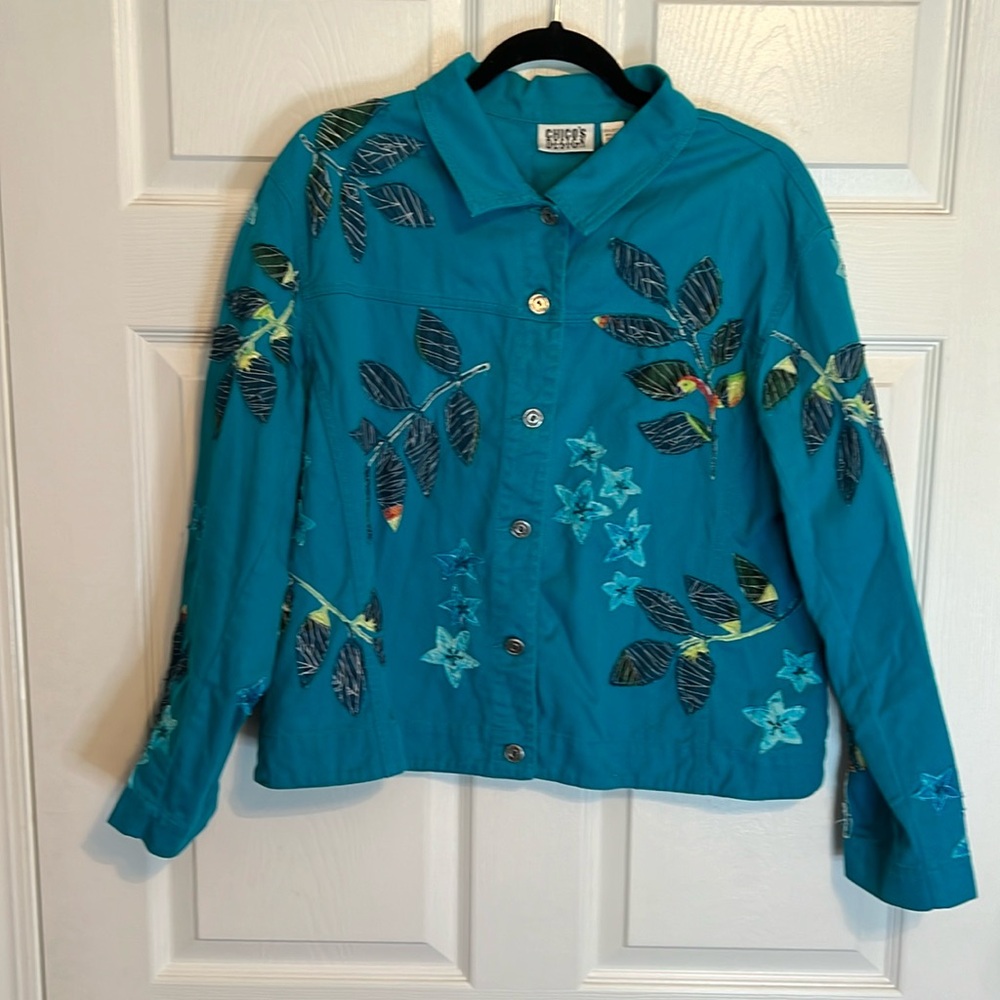 Chico’s Design Teal Appliquéd Unlined Jacket Size 3 (16)Silver Buttons